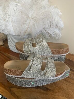 Nicole Miller Silver Crystal Embellished Cork Platform Sandals